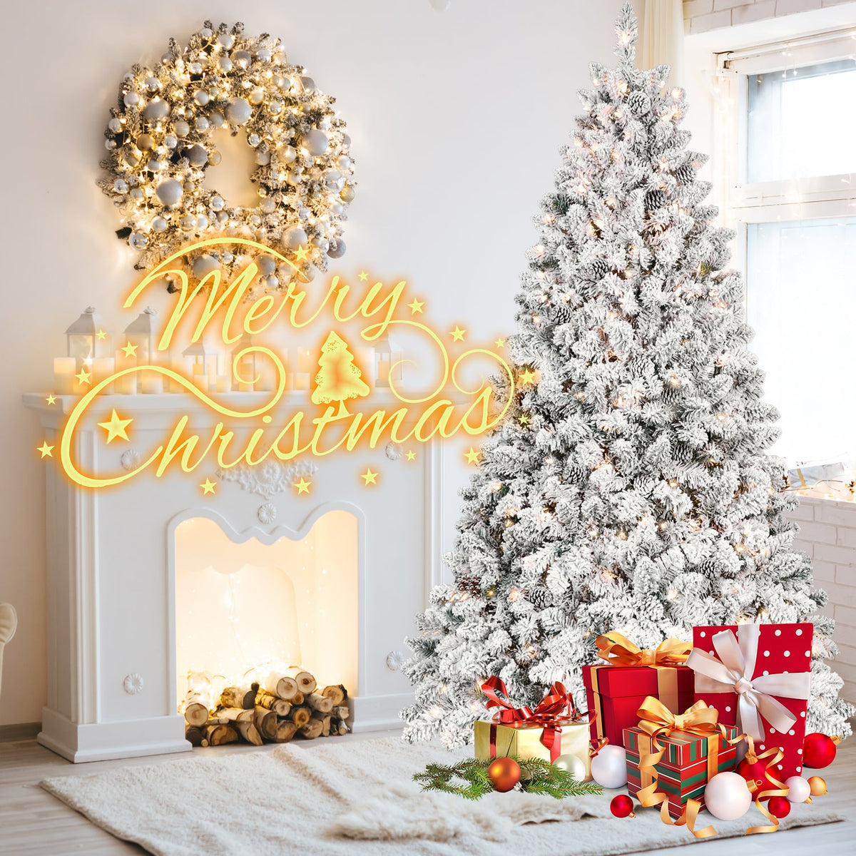 6FT Flocked Christmas Tree with 350 UL Lights and 35 Pine Cones