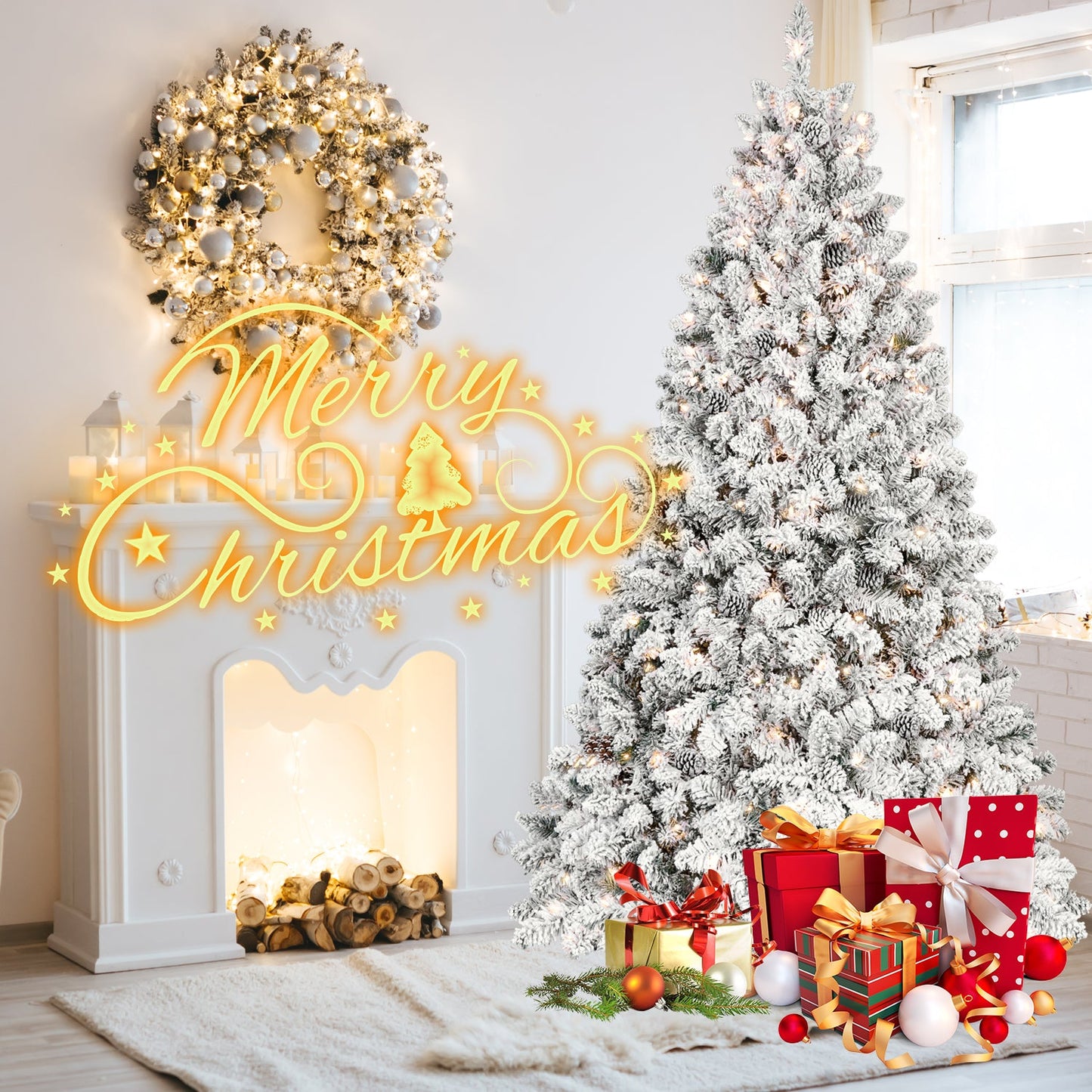9FT Flocked Christmas Tree with 850 UL Lights and Pine Cones