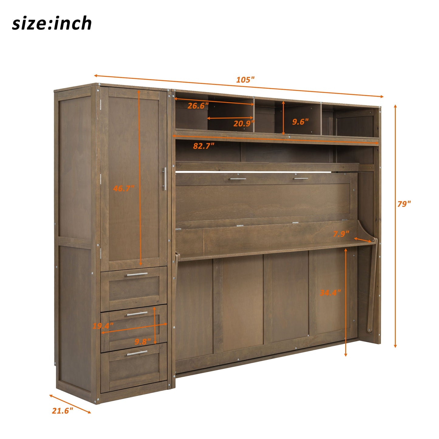 Full Size Murphy Bed With Wardrobe, Drawers, And Open Shelves - Wood