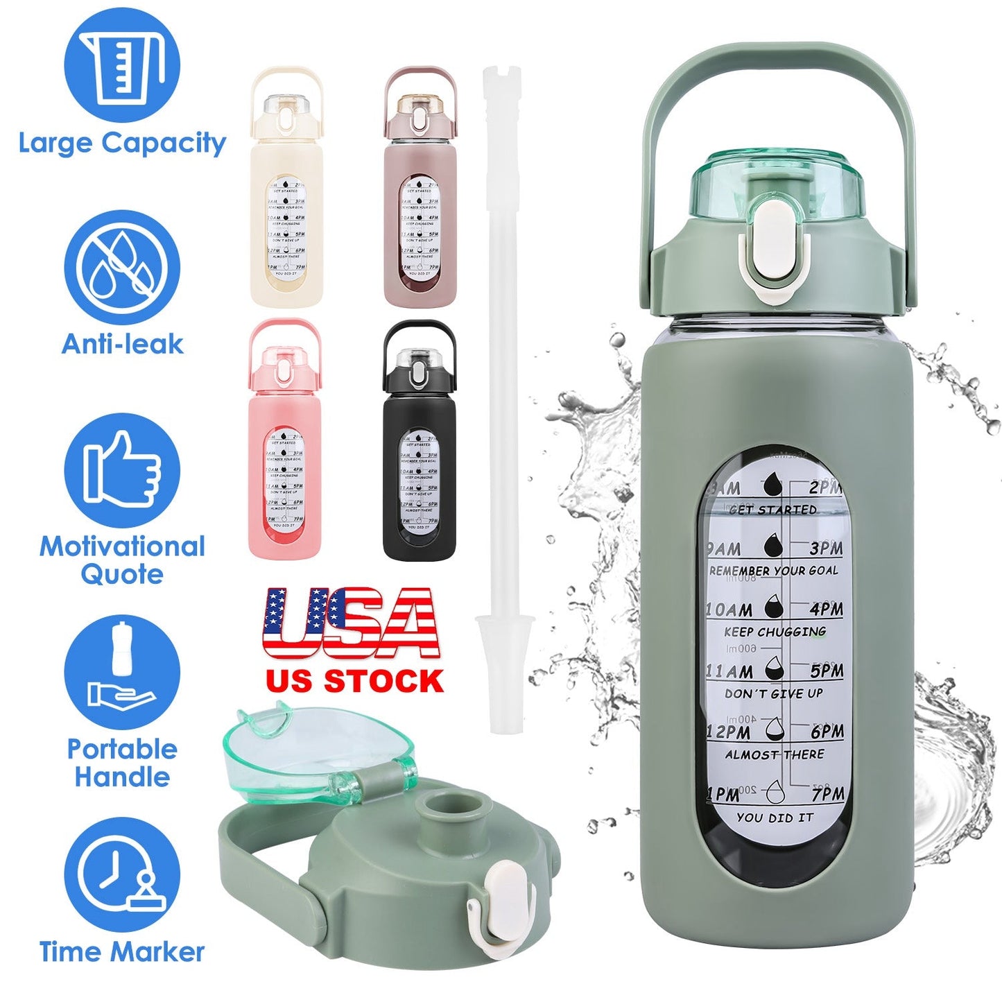 64Oz Glass Water Bottle Sports Water Bottle Motivational Water Bottle Water Intake Tracker Bottle with Straw Time Marker Silicone Sleeve Handle for Gy