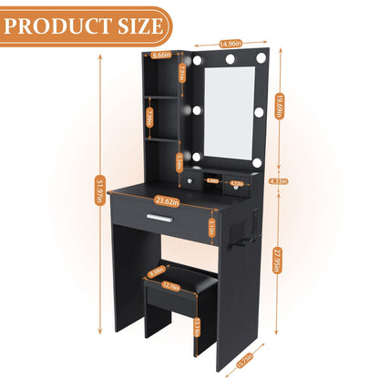 Vanity Table With Mirror, Adjustable LED Lights, Power Outlet, Hairdryer Holder & Stool