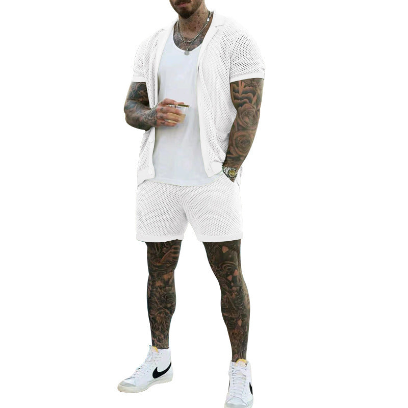 Men's Summer Cool Hole Cloth Lapel Short Sleeve Shorts Suit