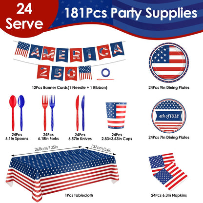 4th of July Party Supplies Set for 24 Guests - 181 Pieces