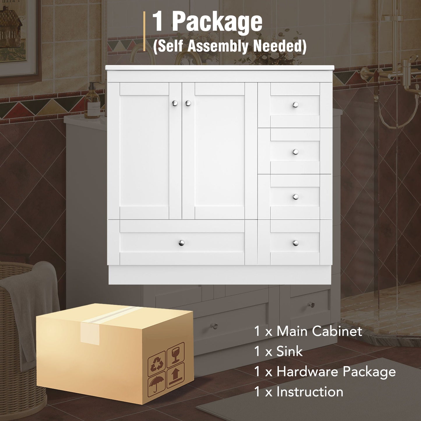 Shaker Free Standing Bathroom Vanity Cabinet & Sink, Soft Close Drawers, Soft Close Doors