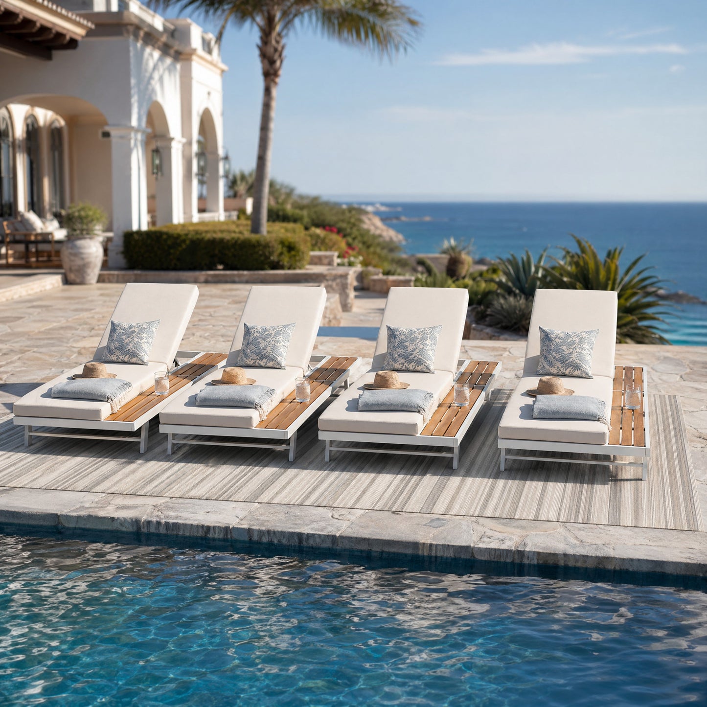 White Iron and Teak Finish Chaise Lounge Set with Cream Cushion