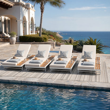 White Iron and Teak Finish Chaise Lounge Set with Cream Cushion