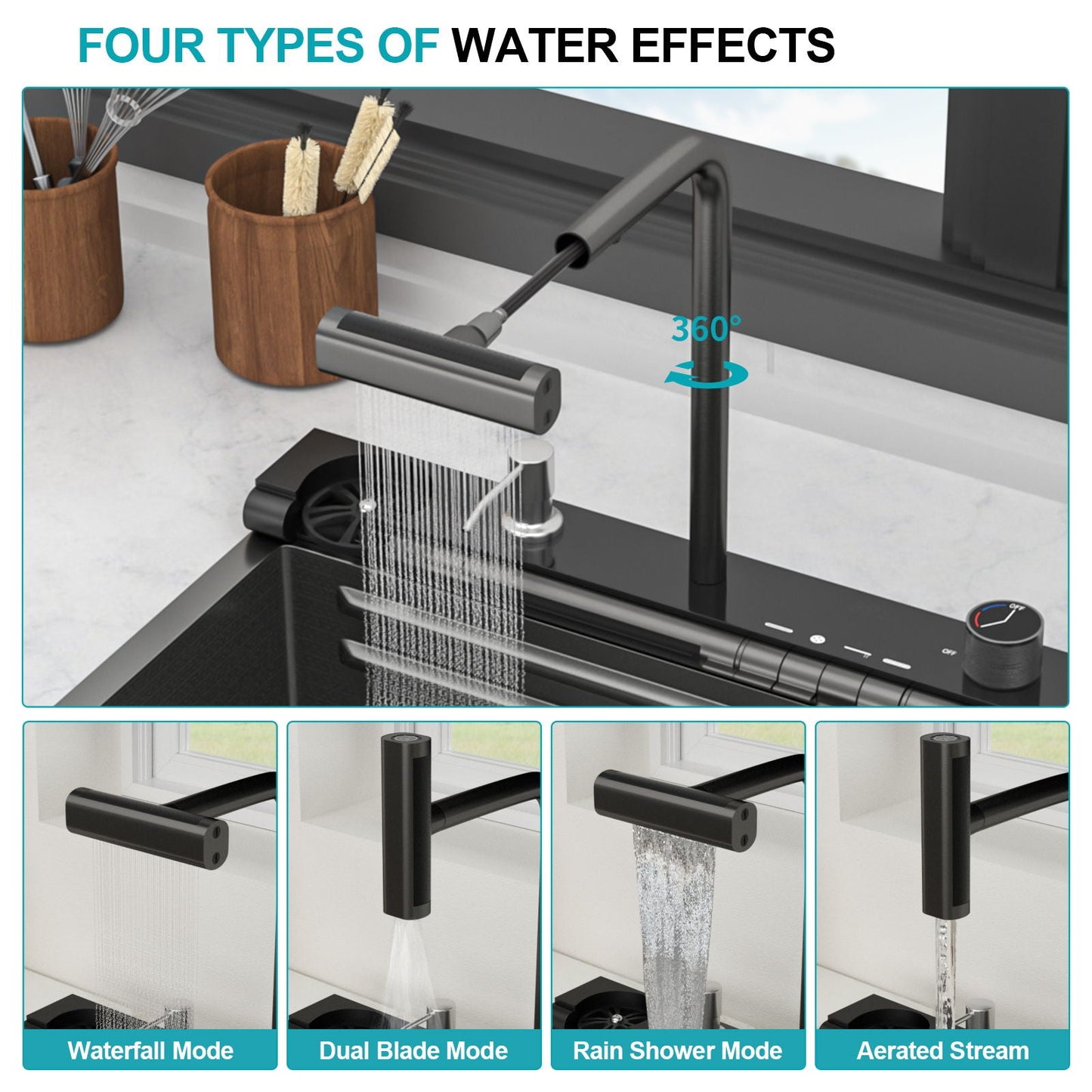 30" Single Bowl Kitchen Sink With Smart LED Faucet