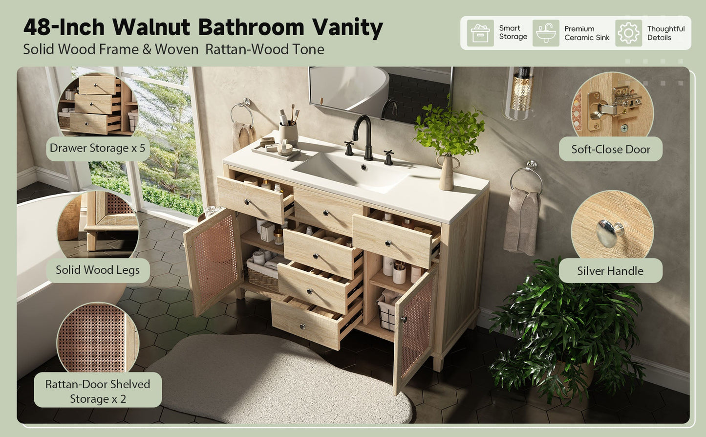 48-Inch Natural Rattan Bathroom Vanity