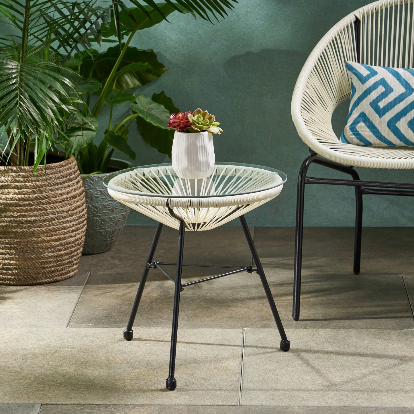 Nusa Modern Rattan Side Table With Tempered Glass Top