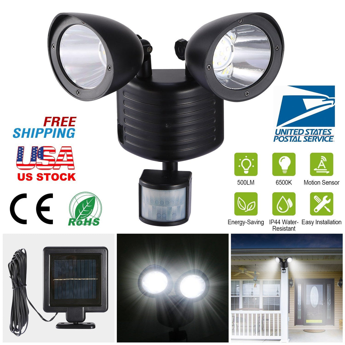 Solar Lights 22LEDs Outdoor Security Lights Motion Sensor IP44 Water-Resistant 360¡ Rotatable Dual Heads Solar Wall Light for Entryways Stairs Yard Ga