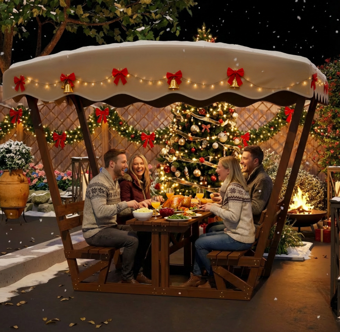 Outdoor Waterproof Solid Wood Picnic Table and Bench Set with Removable Canopy