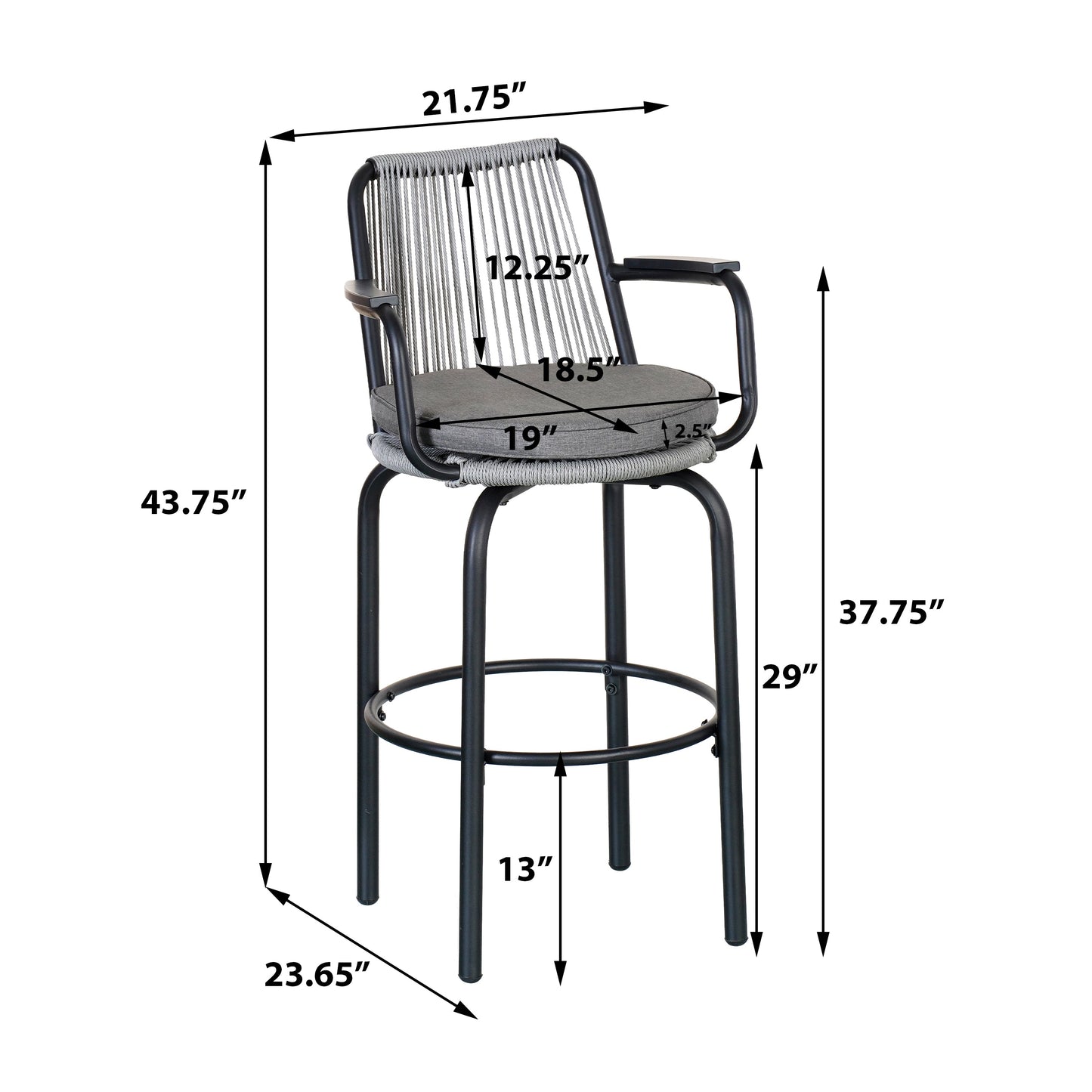 Outdoor Patio Bar Stools 29"H Set of 2, Modern Woven Rattan Rope Bar Height Chair