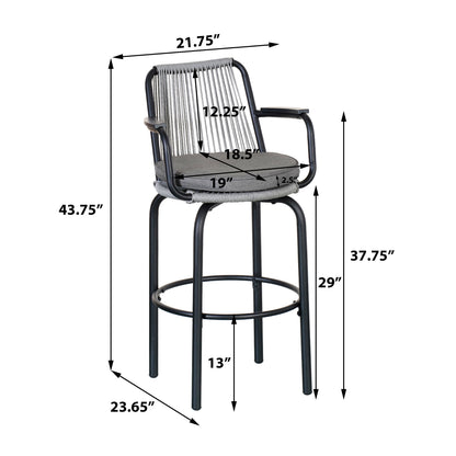 Outdoor Patio Bar Stools 29"H Set of 2, Modern Woven Rattan Rope Bar Height Chair