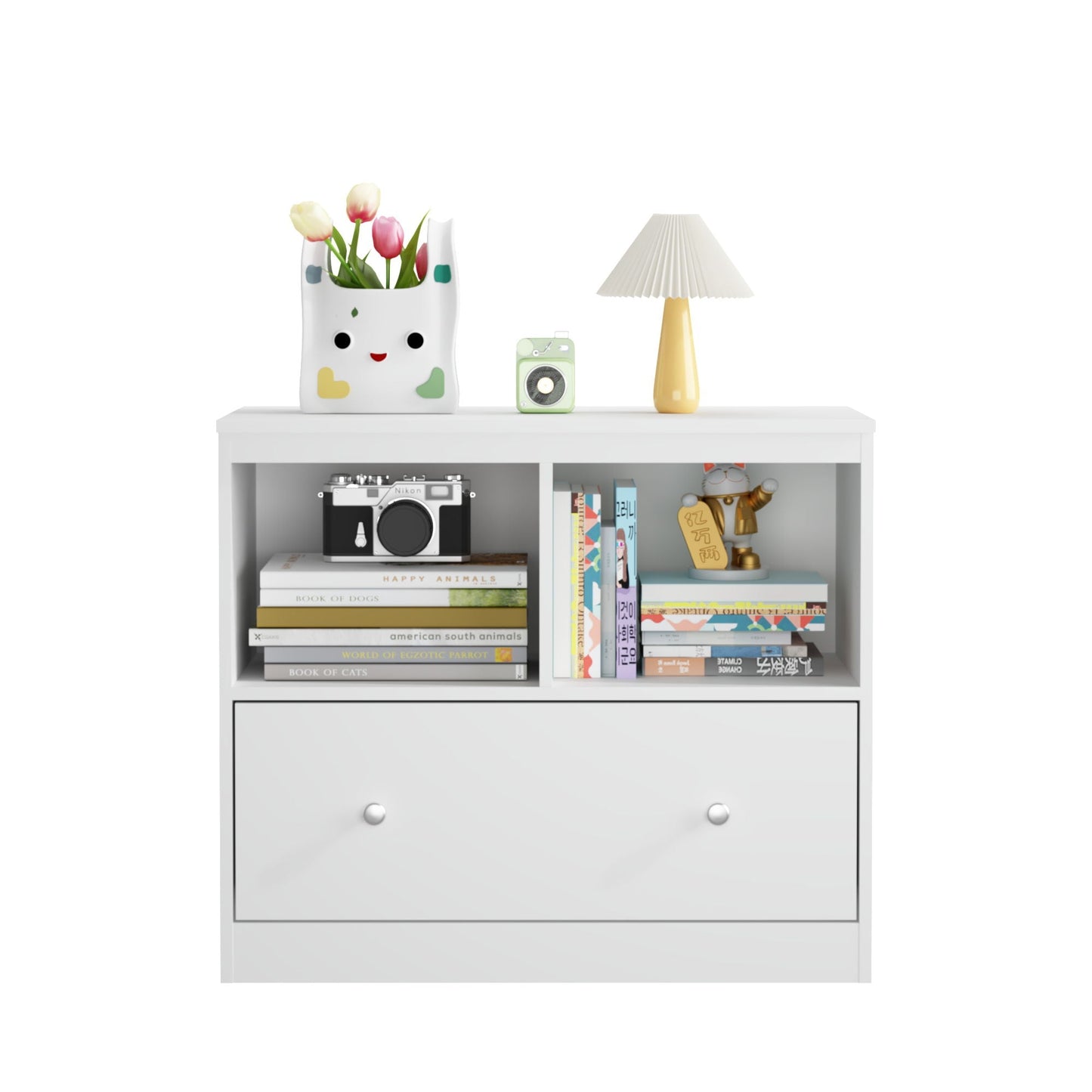 Toy Storage Organizer With Large Drawer And Low Bookshelf For Nursery & Playroom - White