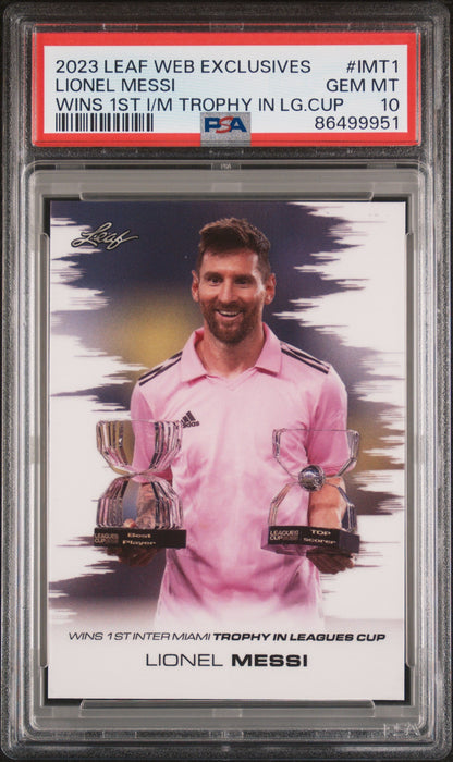 Graded 2023 Leaf Web Exclusives Lionel Messi #IMT1 Wins 1st Inter Miami Trophy in Leagues Cup Soccer Card PSA 10 Gem Mint