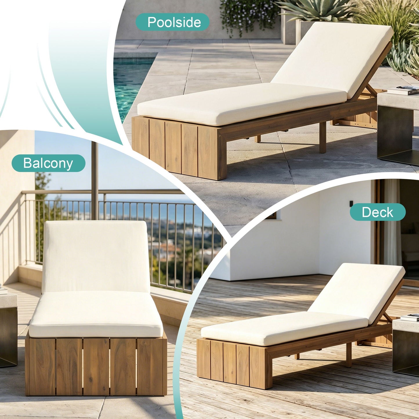 Adjustable Outdoor Chaise Lounge Patio Recliner - Beige / Light Teak