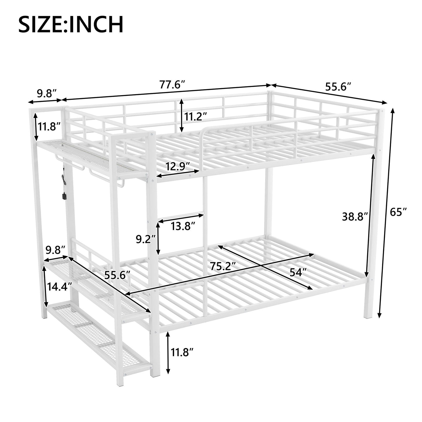 Bunk Bed With Storage Shelves, Clothes Hooks, LED Light