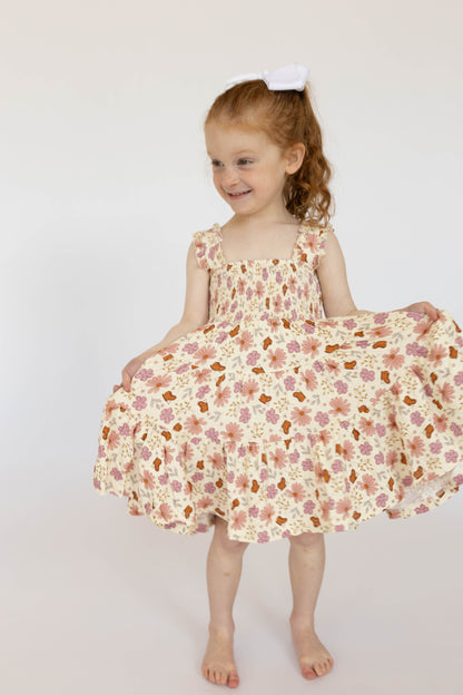 Floral Butterfly Shirred Dress