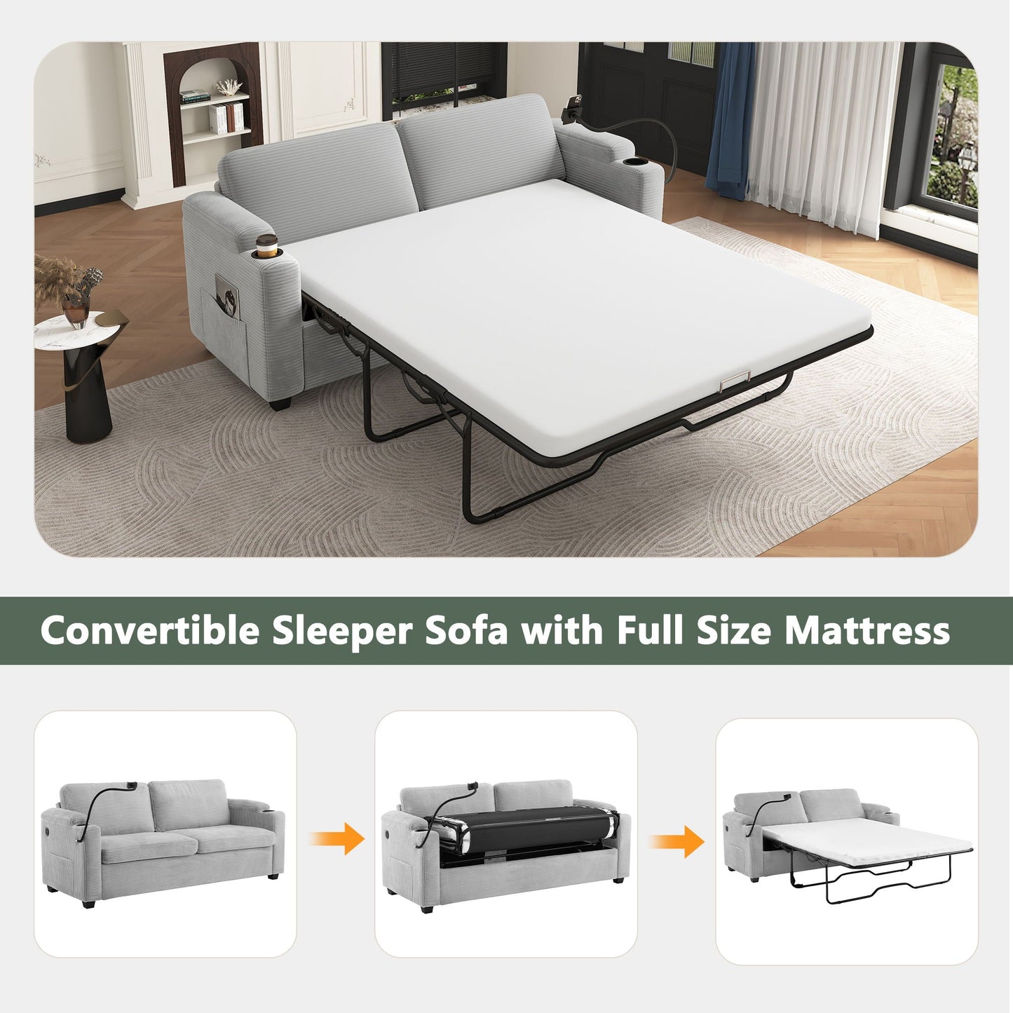 Sleeper Sofa Loveseat Sofa With Full Size Mattress, 2 USB Ports, 2 Cup Holders, 2 Side Pockets And Phone Holder