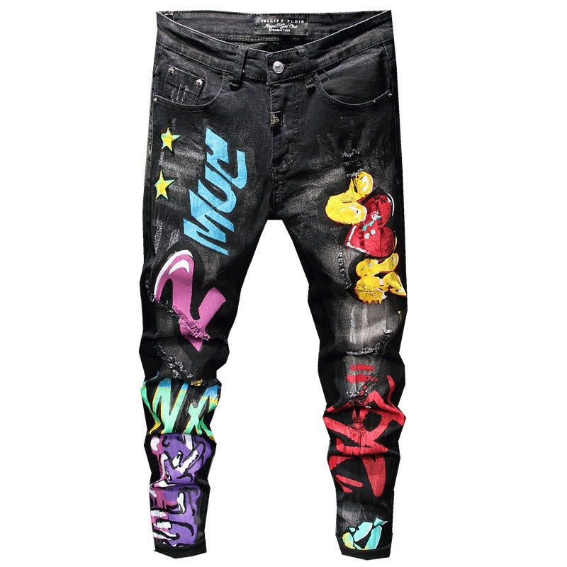 Men’s Urban Slim Fit Black Denim with Vibrant Multi-Color Graphic Art