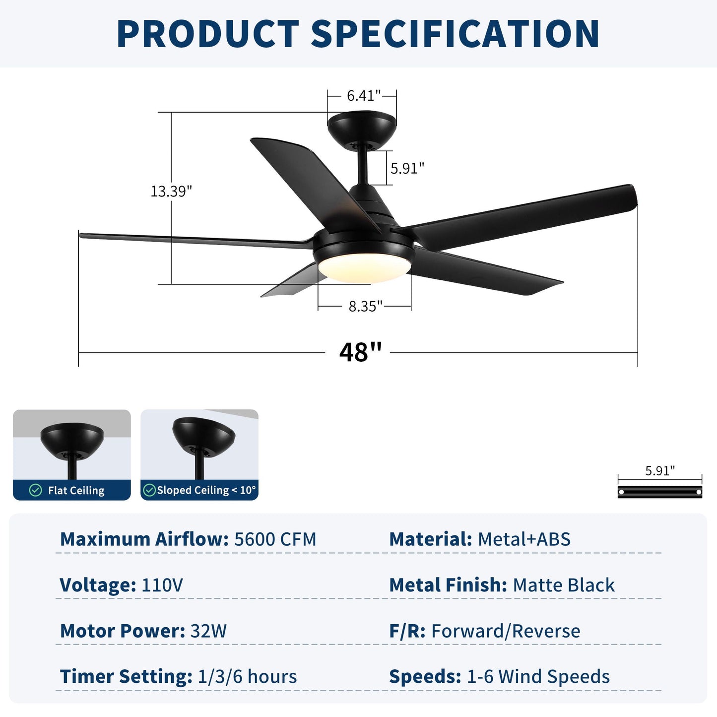 Ceiling Fan With Lights And Remote Control, Reversible DC Motor, 6 Speeds, 3 Cct Dimmable LED, Quiet Timer For Indoor - Black