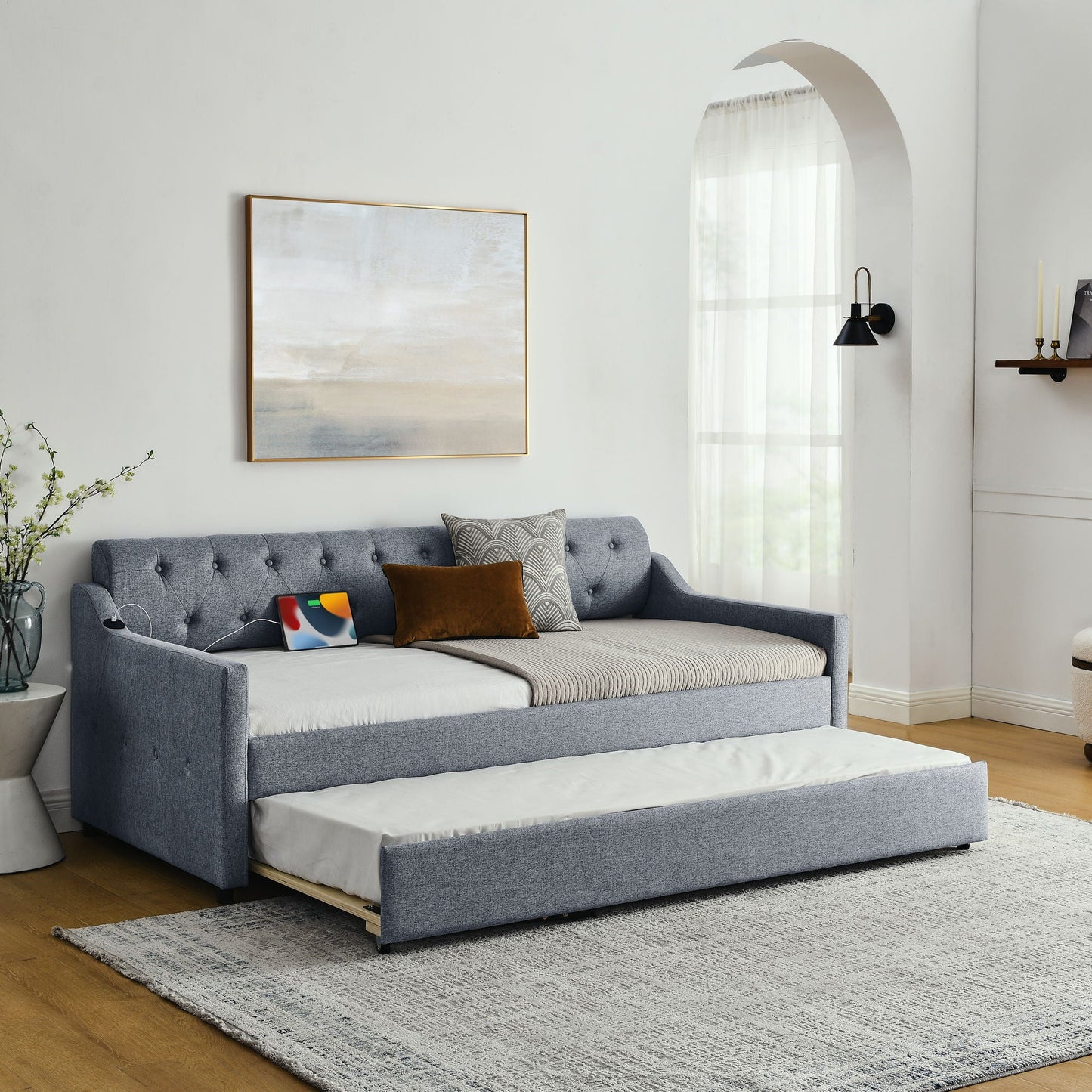 Size Upholstered Daybed With Trundle And USB Charging Armrest