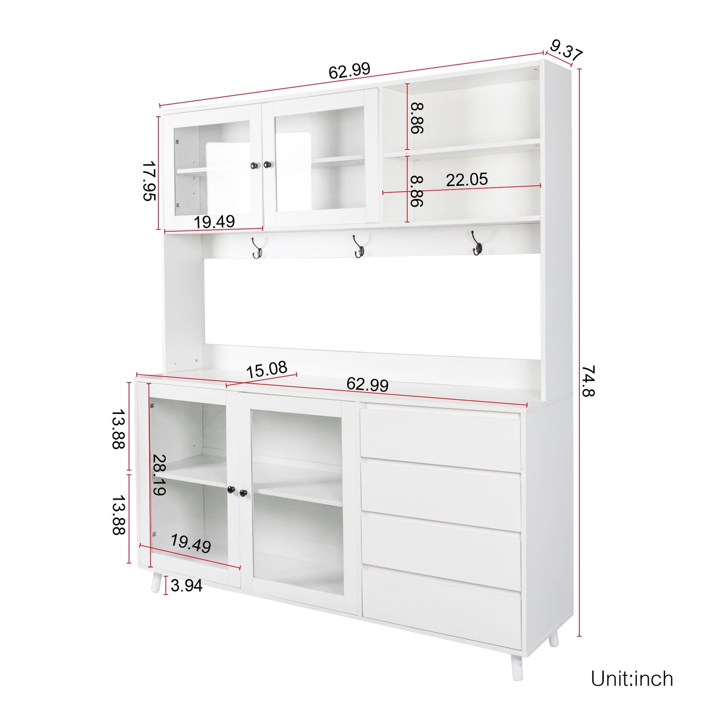 63" W Large Kitchen Hutch Cabinet, Freestanding Pantry Storage