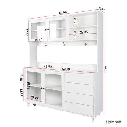 63" W Large Kitchen Hutch Cabinet, Freestanding Pantry Storage