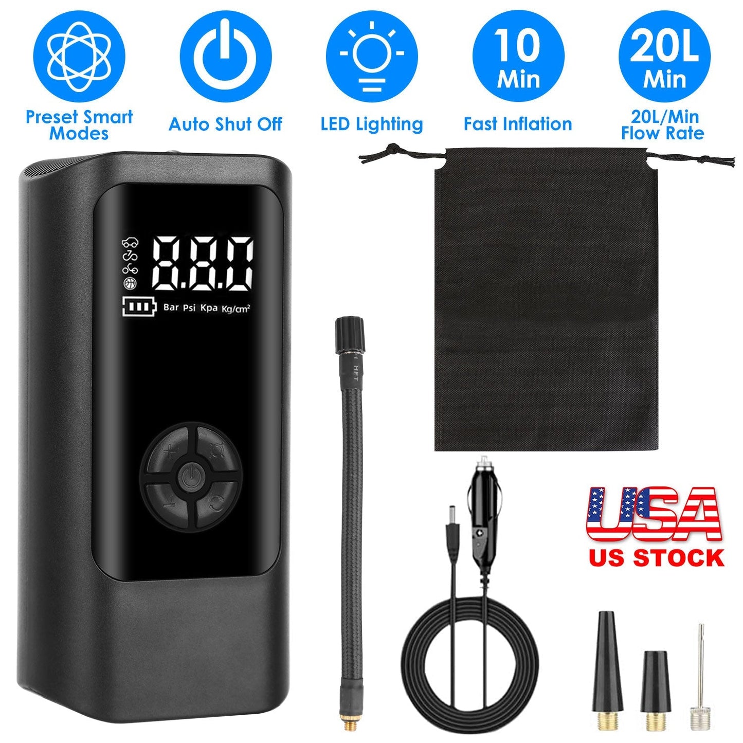 Car Tire Inflator Pump Portable Car Air Compressor Corded Electric Air Pump With LED Light