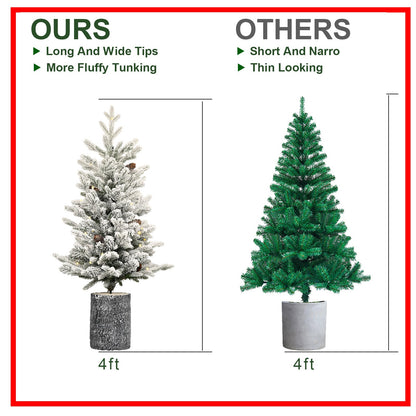4.5FT Flocked Christmas Tree with Pot Base and LED Lights