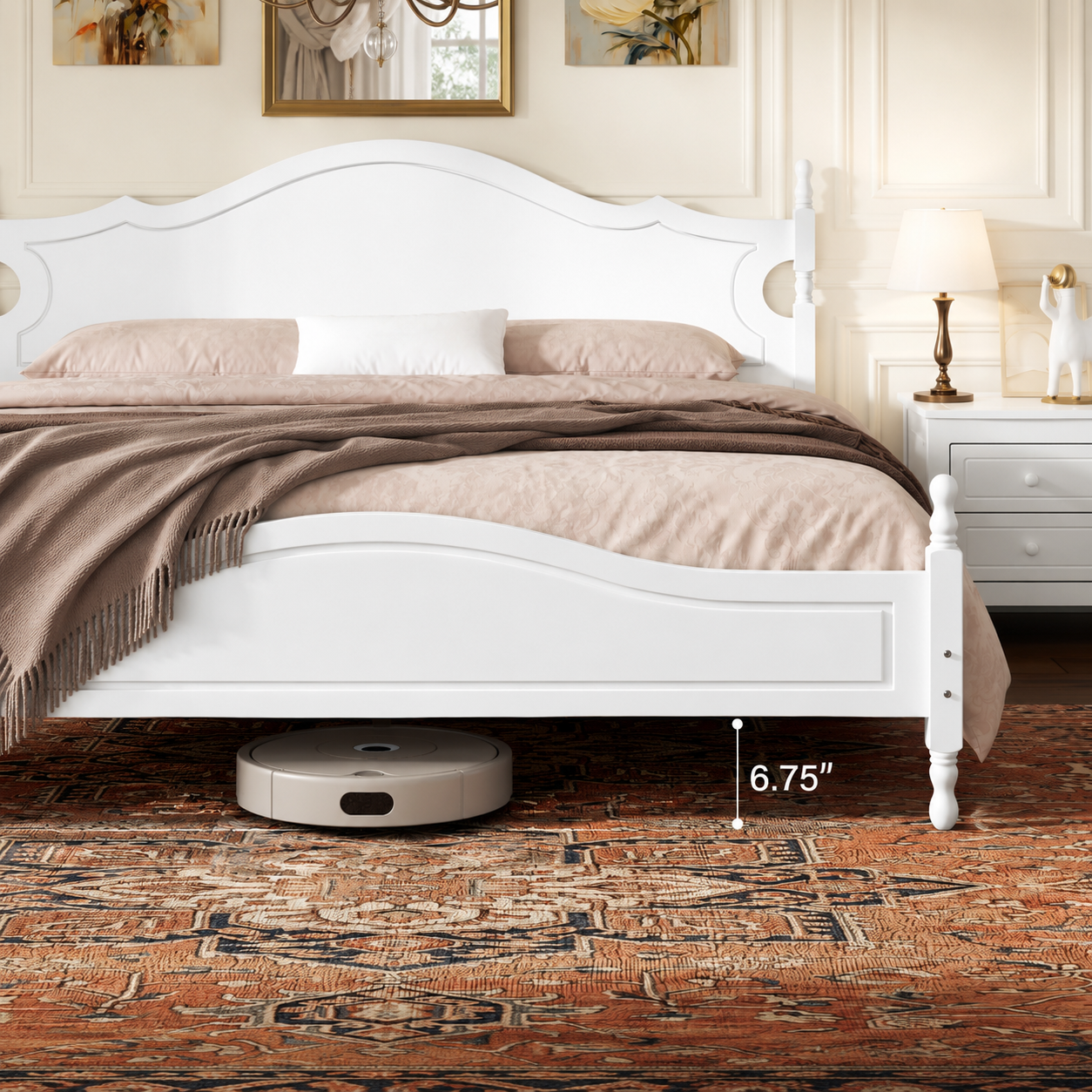 King Bed Frame with Headboard, Retro Style Wooden Platform Bed