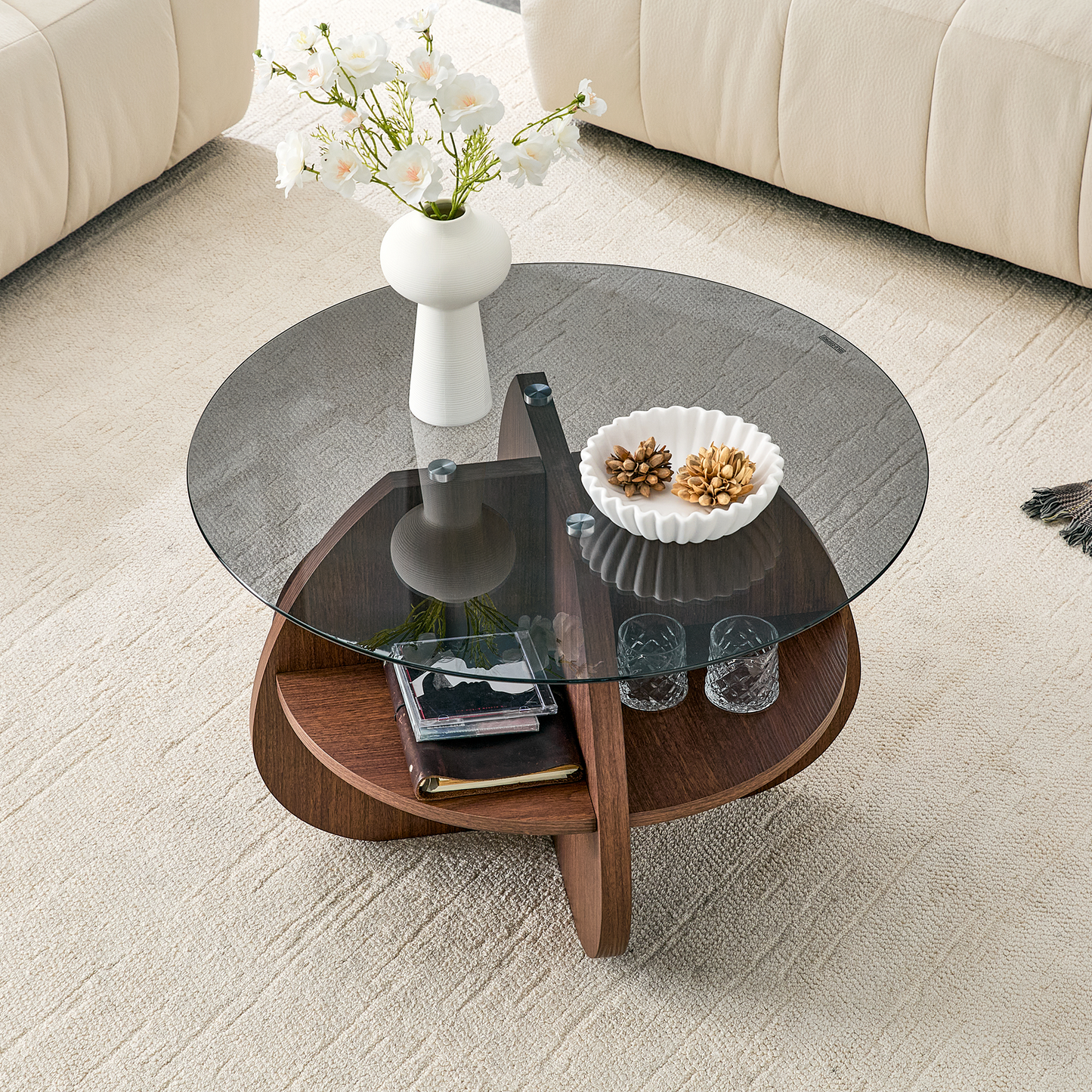 Creative Cross-Structure Round Coffee Table with Glass Top