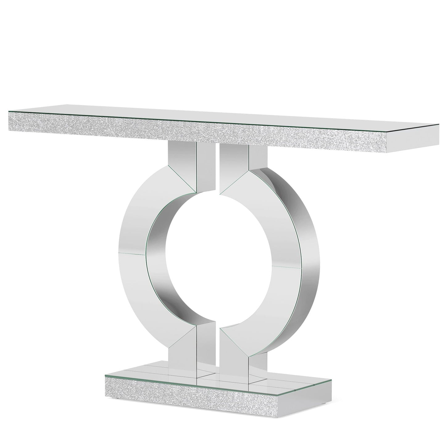 Mirrored Console Table With O-Shaped Base For Living Hallway - Silver / Clear