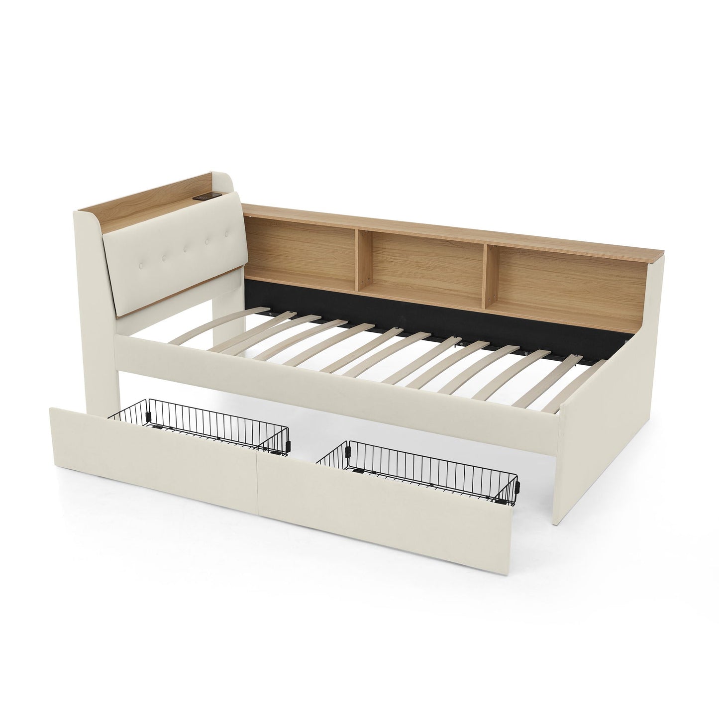 Upholstered Daybed With Storage Headboard, Wireless Charging, LED Lights