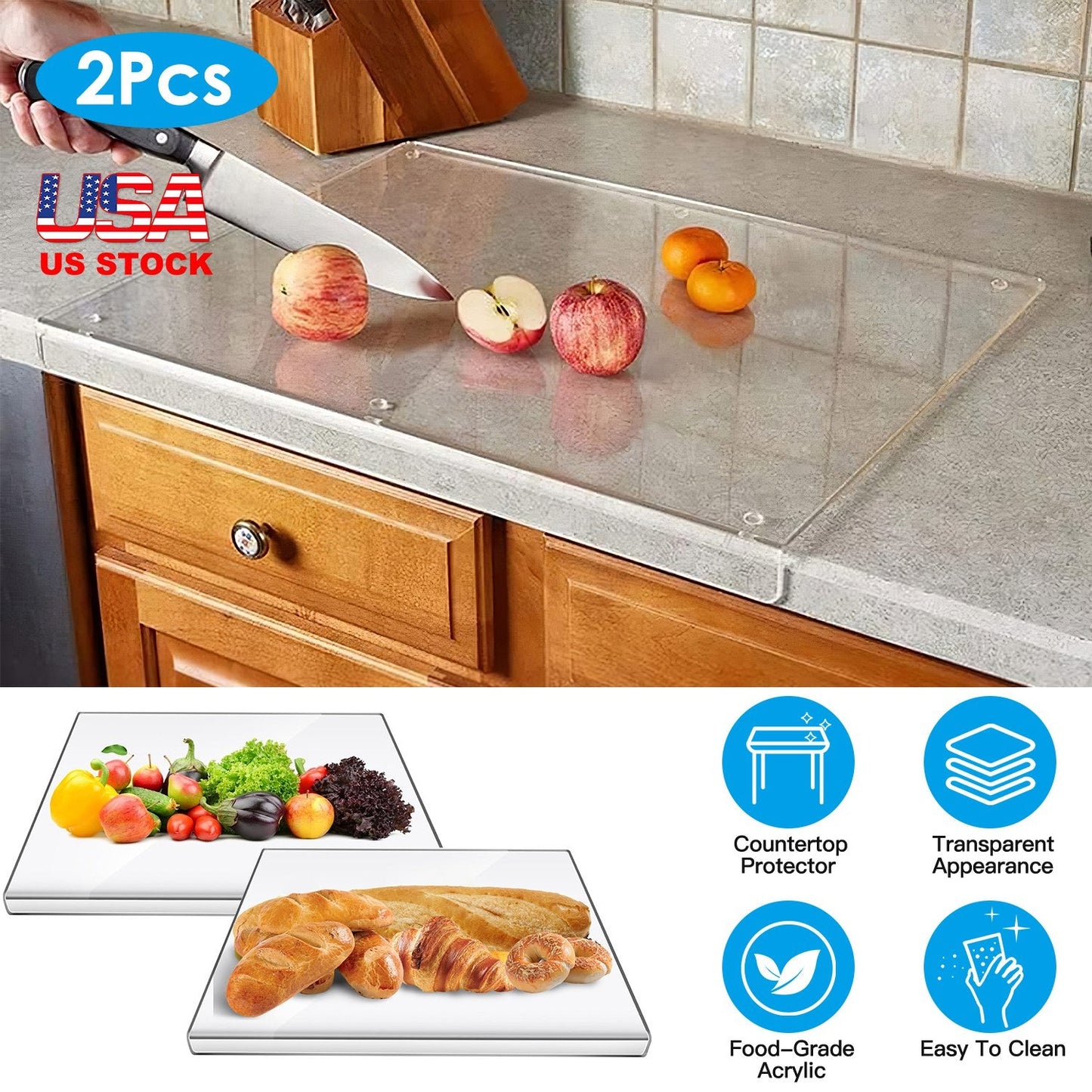 Clear Acrylic Kitchen Cutting Board with Counter Lip 17.71x15.74IN Non-Slip Transparent Countertop Cutting Board Kitchen Countertop Protector For Dini