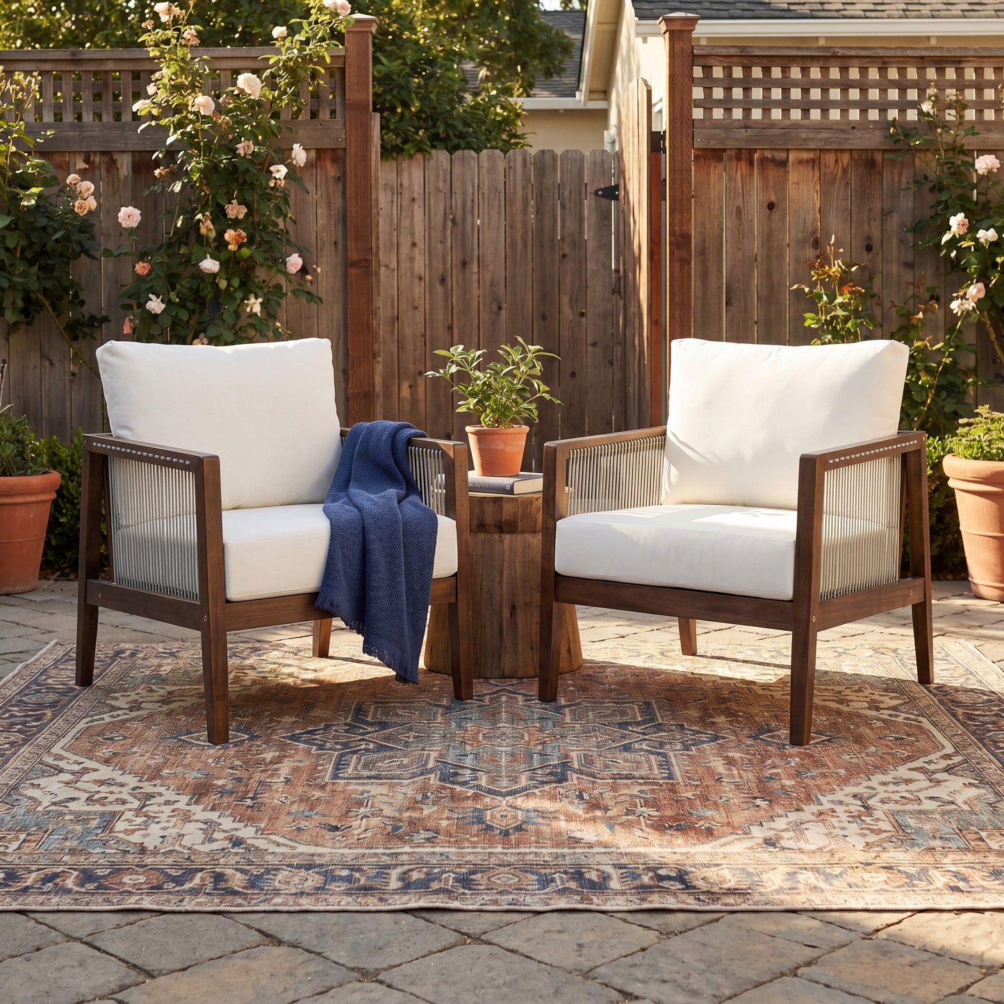 Outdoor Club Chairs (Set of 2), Acacia Wood Frame with Rope Back, Water-Repellent