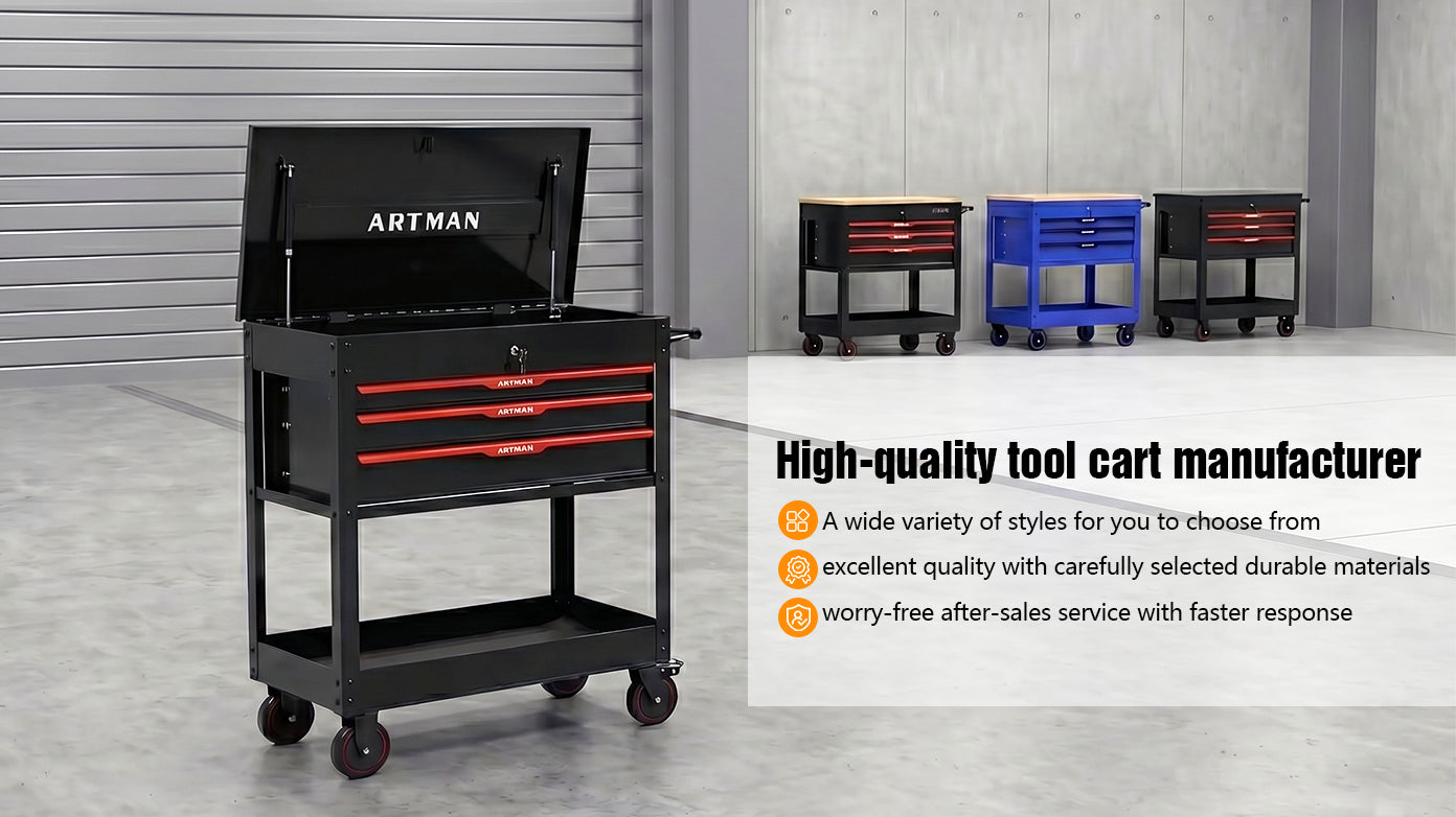 3 Drawers Multifunctional Tool Cart with Wheels and Steel Top - Black & Red