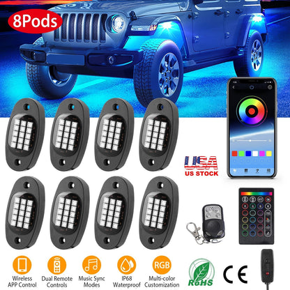 8 Pods RGB LED Rock LightsÊDC12V Car Neon Light Kit IP68 Waterproof Underglow Lights with Double Remote Controls Wireless APP ControlÊfor Jeep Truck U