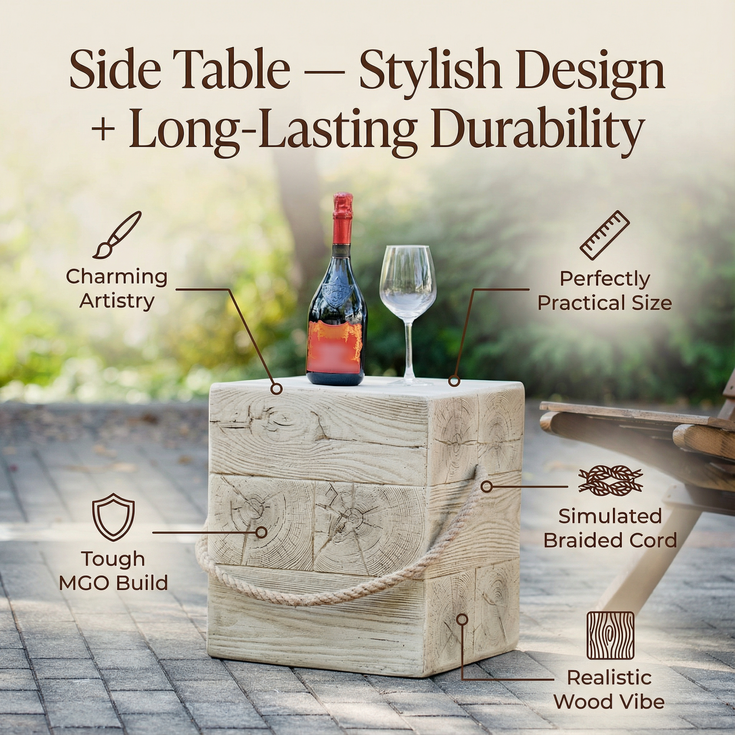 Outdoor Wood Grain Square MGO Side Table with Simulated Braided Cord