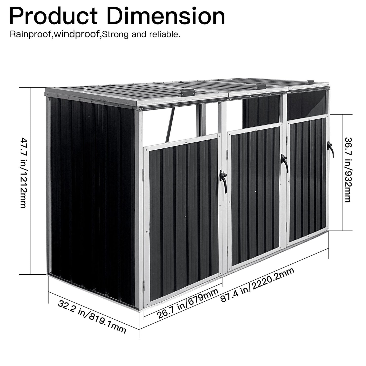 87-Inch Extra Large Heavy-Duty Outdoor Metal Garbage Bin Shed For 3 Trash Cans (SAK34981)