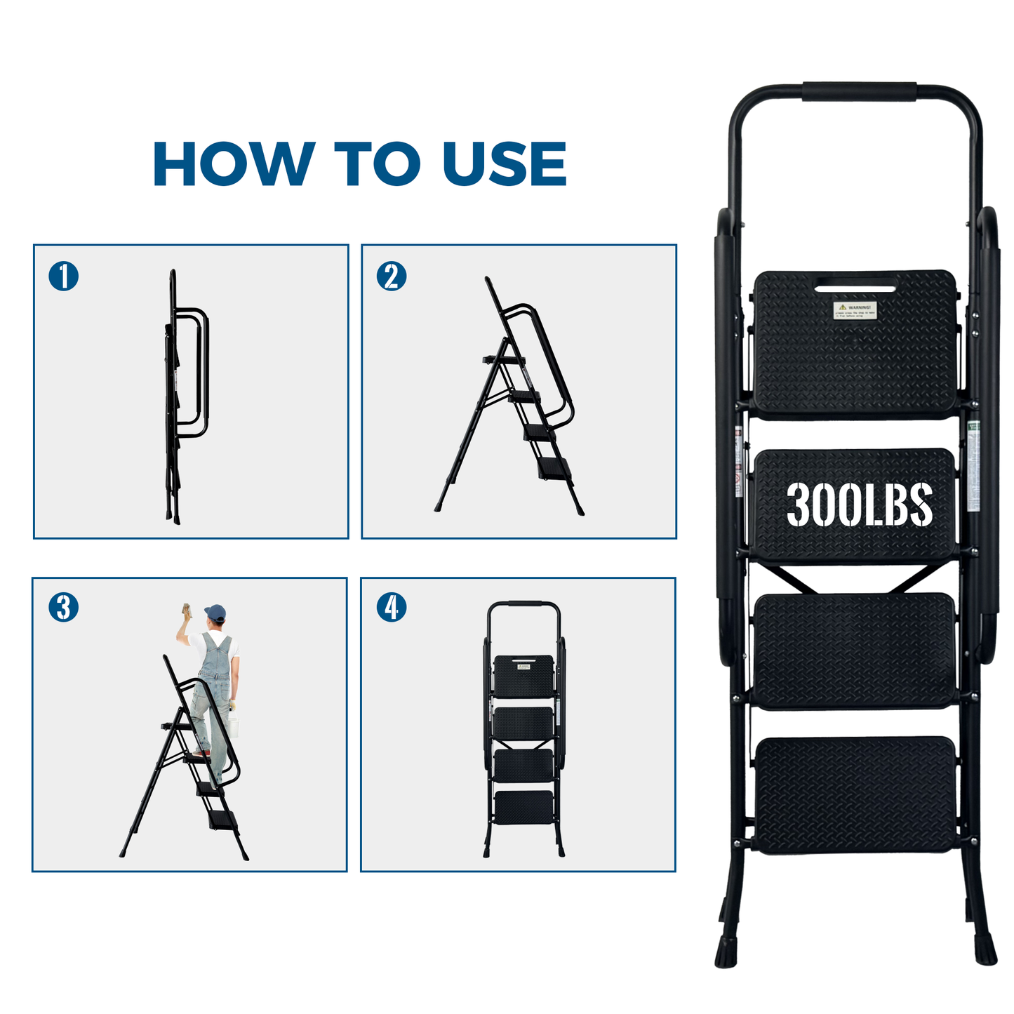 4 Step Folding Steel Ladder with Anti-Slip Pedals and Handrail