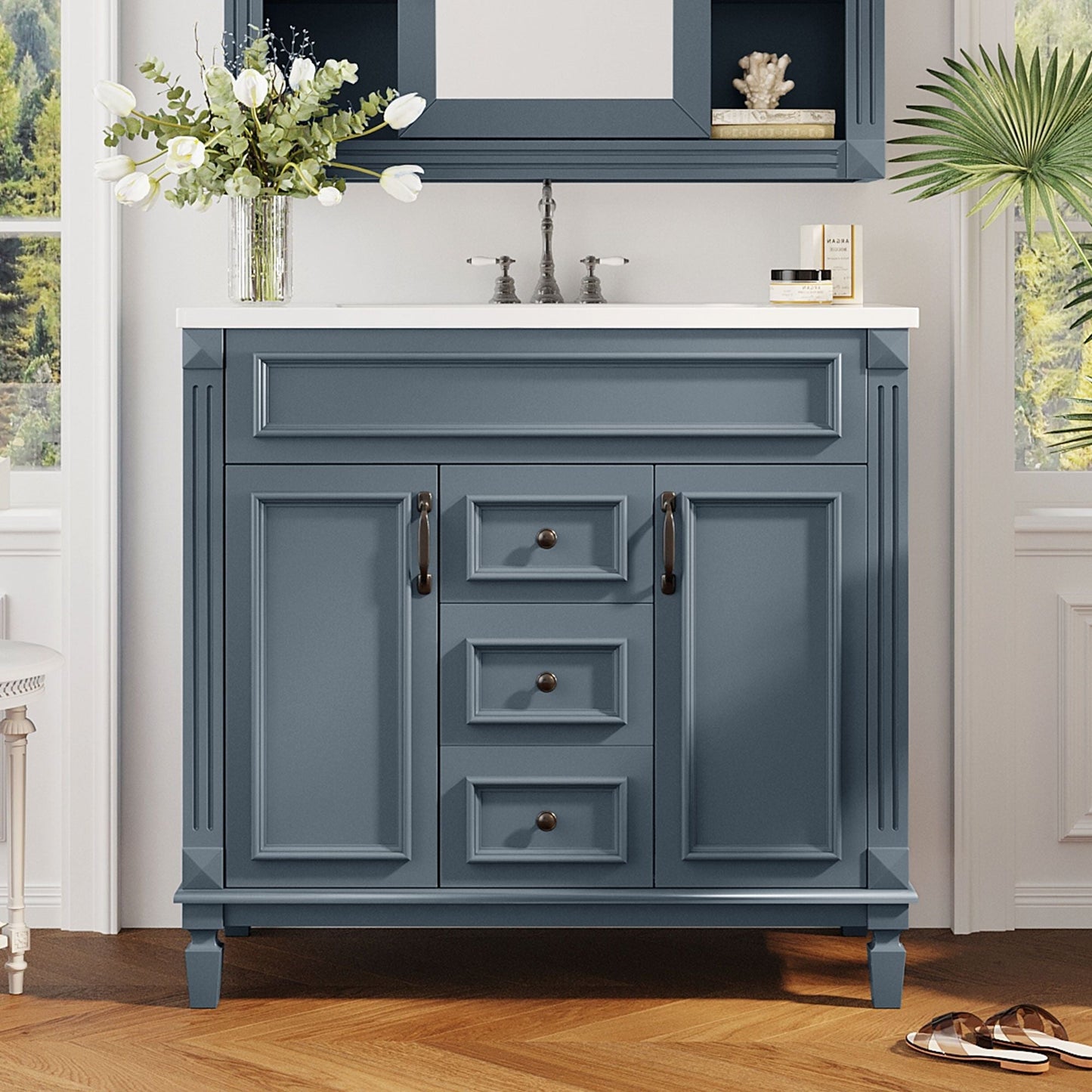 36" Bathroom Vanity With Ceramic Sink and Soft-Close Doors - Blue