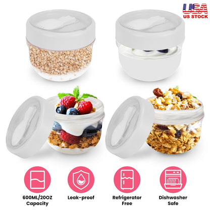 4Pcs Overnight Oats Containers with Lids and Folding Spoons 20OZ Portable Leak-proof Oats Jar For Milk Vegetable and Fruit Salad Yogurt Breakfast Cere