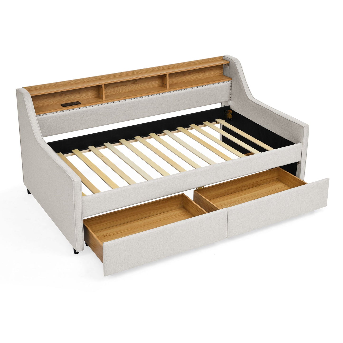 Twin Upholstered Sofa Bed With LED Lights, Storage Drawers, Adjustable Headboard & Wireless Charging - Beige