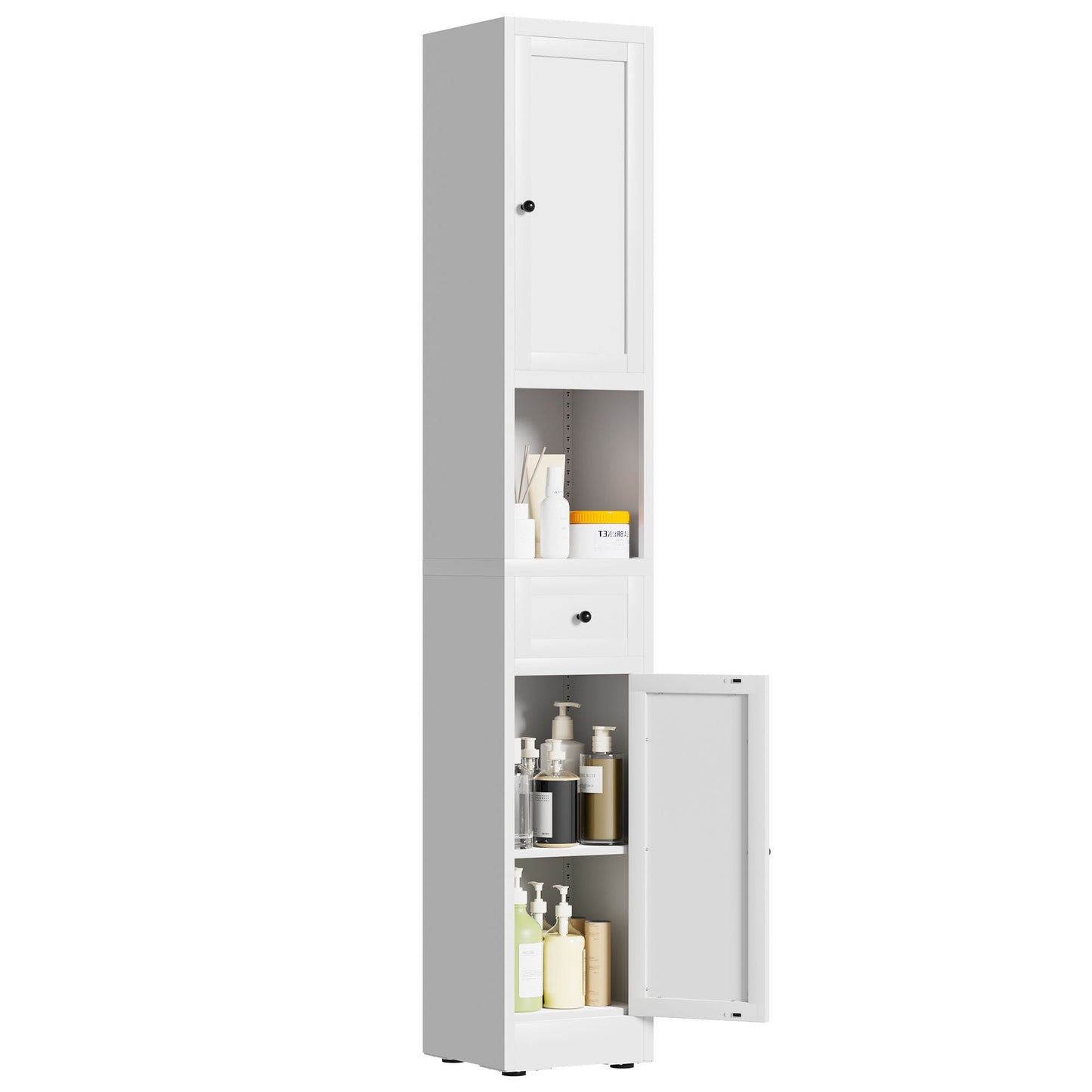 Tall Bathroom Storage Cabinet, 5-Tier Narrow With 2 Doors & Adjustable Shelves, Freestanding - White