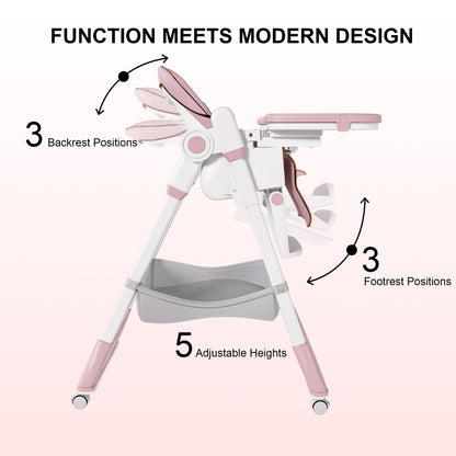 Adjustable Baby High Chair 0-6 Years – Portable Infant Feeding Seat (Pink)