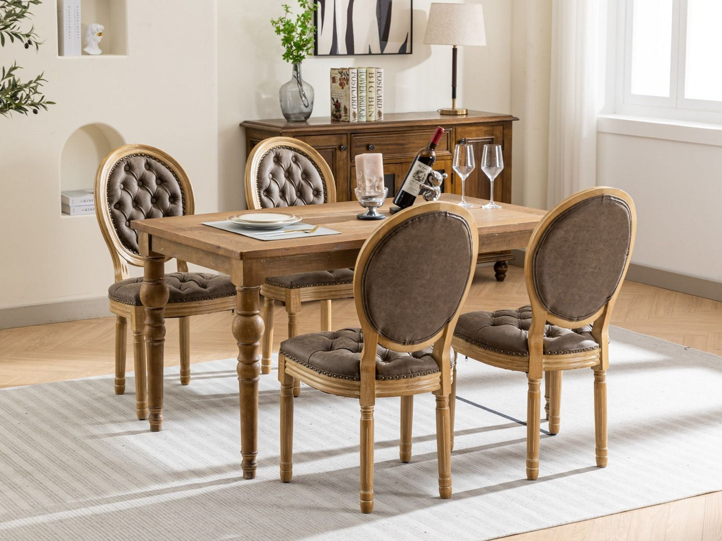 French Style Solid Wood Frame Antique Painting, Hand-Pulled Buckle Decoration Artificial Dining Chair With Nailhead Trim, Wood Legs