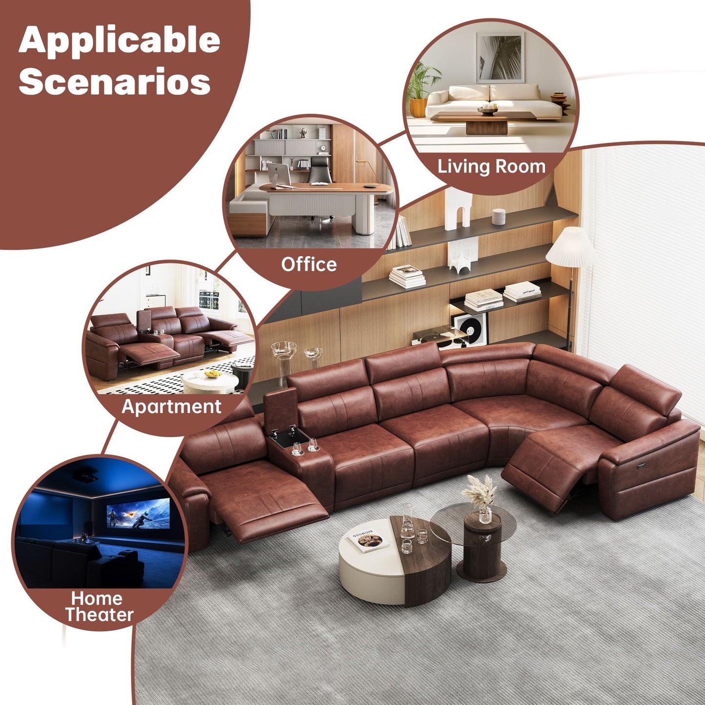 6 Piece Modular Sectional Sofa With 2 Cup Holders, Adjustable Recliners - Dark Brown