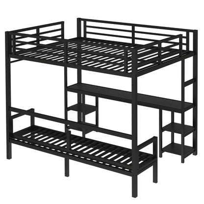 Queen Over Twin XL Metal Bunk Bed with Desk and Shelves