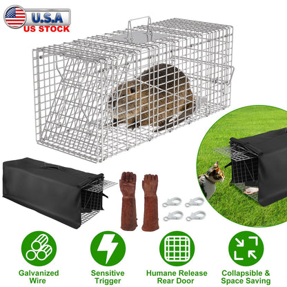 Humane Cat Trap Cage With Waterproof Cover Gloves Catch Release Live Animal Rodent Cage Collapsible Galvanized Wire for Raccoons Beavers Groundhogs Fo